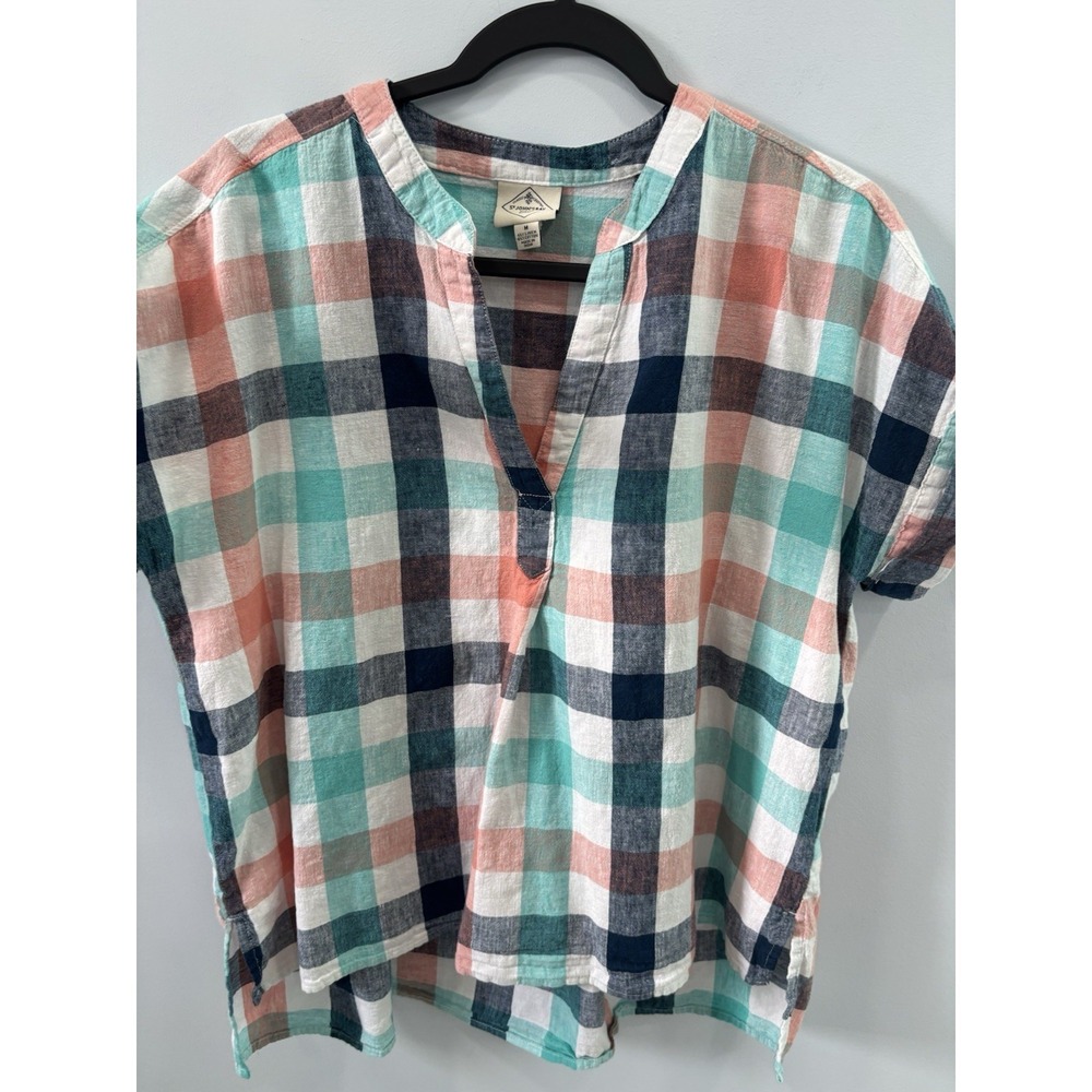 St Johns Bay Women's Linen Cotton Plaid Tunic Top M Blue Boxy Resortwear - Picture 4 of 9